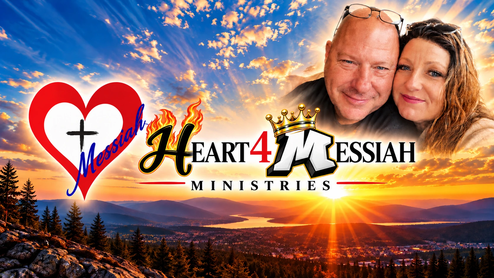 Heart 4 Messiah Ministries official banner featuring the red heart and cross, flaming H, crowned M, sunset landscape, and a photograph of the founders